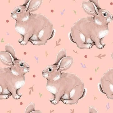 Seamless pattern of hand drawn rabbits and leaves. Cute easter illustration f Stock Illustration