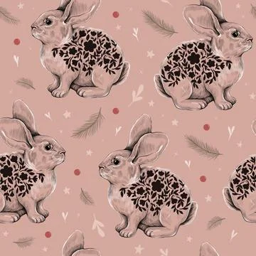 Seamless pattern of hand drawn rabbits, berries and spruce branches. Cute chr Stock Illustration