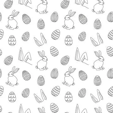 Seamless pattern of hand-drawn rabbits, ears, Easter eggs. Festive Easter bun Illustrazione stock