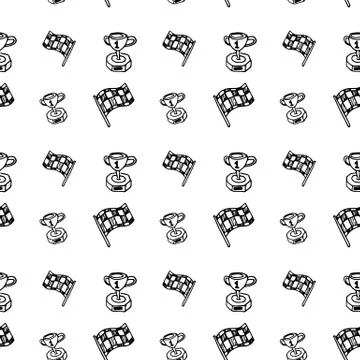 Seamless pattern hand drawn race flag | cup. Doodle black sketch. Sign symbol Ilustración de archivo