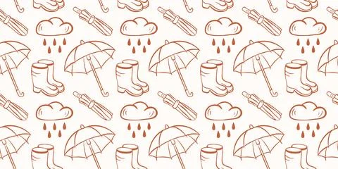 Seamless pattern with hand drawn rain, umbrella, and boot in line art style Иллюстрация