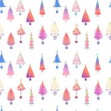 Seamless pattern with hand drawn rainbow doodle christmas trees. Can be used for Illustrazione stock