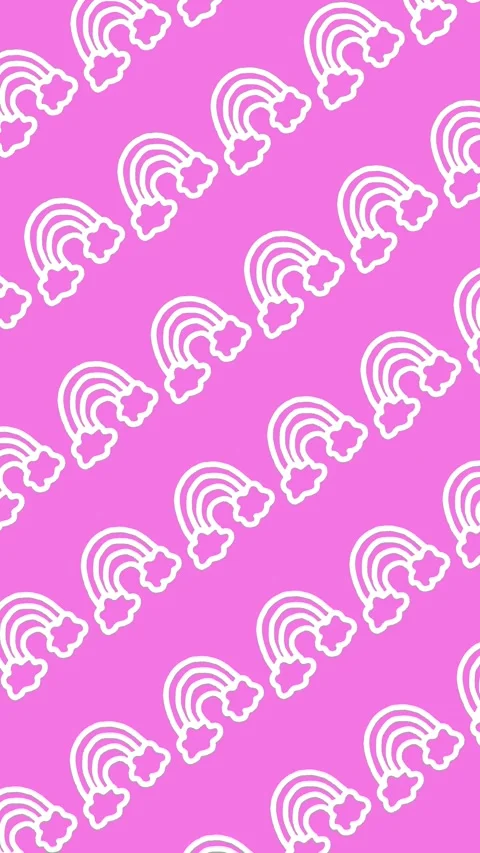 Seamless pattern of hand-drawn rainbows with clouds on an abstract vertical pink Stock Footage 340196916