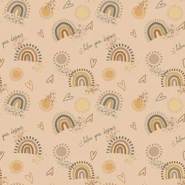 Seamless pattern with hand drawn rainbows, hearts and sun. Stock Illustration