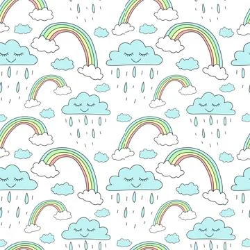 Seamless pattern of hand-drawn rainbows and clouds with rain. Vector backgrou Stock Illustration