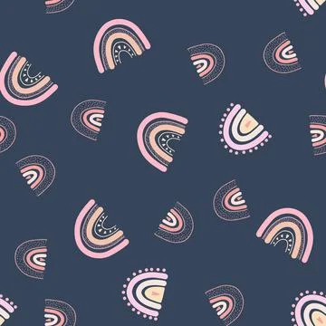 Seamless pattern with hand drawn rainbows, hearts, clouds, raindrops. Vector  Stock Illustration