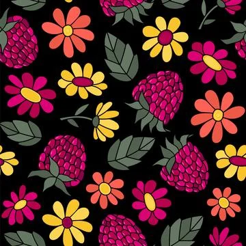 Seamless pattern of hand-drawn raspberry berries and flowers. Colorful vector Stock Illustration