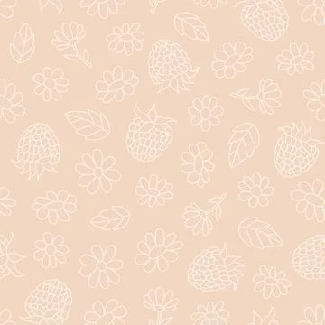 Seamless pattern of hand-drawn raspberry berries and flowers. Light and gentl Illustrazione stock