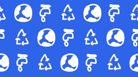 Seamless pattern of hand-drawn recycling loops, planet earth, and water tap icon Stock Footage 336172340