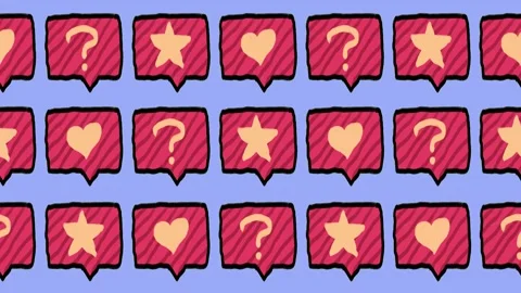 Seamless pattern of hand-drawn red speech bubbles with heart, star, and question Stock Footage 338000896