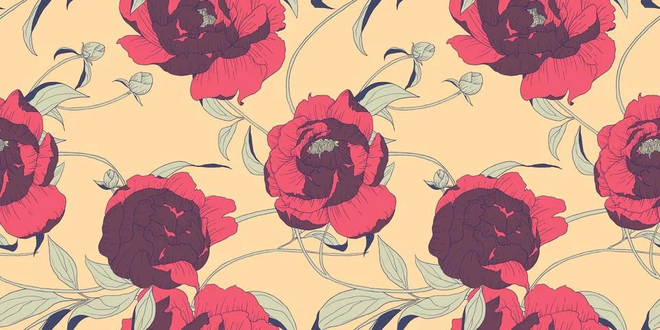 Seamless pattern, hand drawn red Peony flowers on orange background Stock Illustration