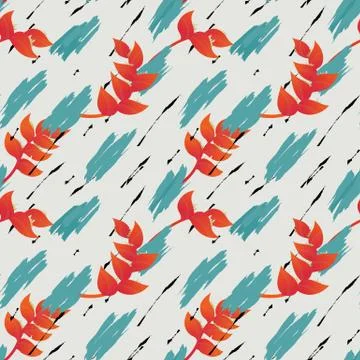 Seamless pattern, hand drawn red Heliconia flower with blue brush painting Stock Illustration