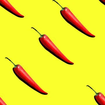 Seamless pattern with hand drawn red chili peppers illustration on yellow Stock Illustration