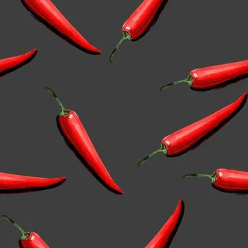 Seamless pattern with hand drawn red chili peppers illustration on dark grey Stock Illustration