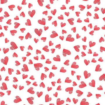 Seamless pattern with hand-drawn red doodle hearts on white background Stock Illustration