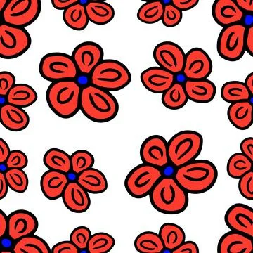 Seamless pattern of hand drawn red flower in doodle style Stock Illustration