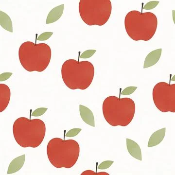 Seamless Pattern of Hand-Drawn Red Apples and Green Leaves on White Background 스톡 일러스트