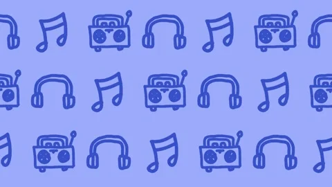 Seamless pattern of hand-drawn retro boomboxes, audio headphones, and musical Stock Footage 337246826