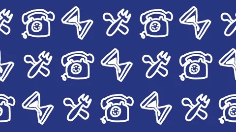 Seamless pattern of hand-drawn retro telephones, crossed forks and spoons Stock Footage 337246984