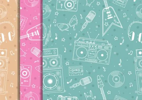 Seamless pattern with hand drawn retro musical equipment. Stock Illustration