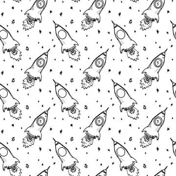 Seamless pattern hand drawn rocket. Doodle black sketch. Sign symbol. Decorat Stock Illustration