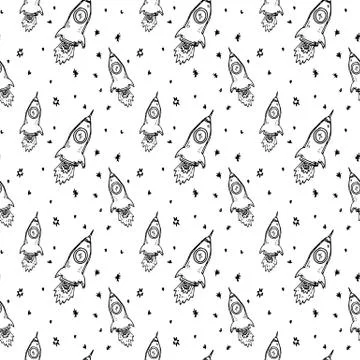 Seamless pattern hand drawn rocket. Doodle black sketch. Sign symbol. Decorat Stock Illustration