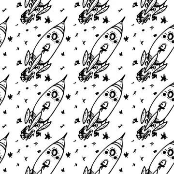 Seamless pattern hand drawn rocket. Doodle black sketch. Sign symbol. Decorat Stock Illustration