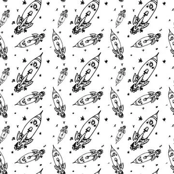 Seamless pattern hand drawn rocket. Doodle black sketch. Sign symbol. Decorat Stock Illustration