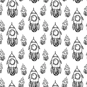 Seamless pattern hand drawn rocket. Doodle black sketch. Sign symbol. Decorat Stock Illustration