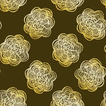 Seamless pattern with hand drawn roses. Golden flowers on dark brown background. Stock Illustration
