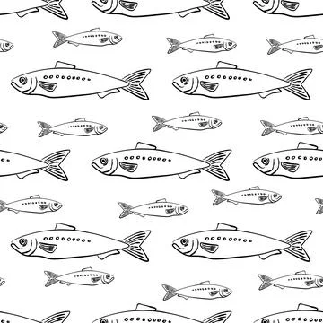 Seamless pattern with hand drawn sardine fish in black. Ideal for seafood p.. Illustrazione stock