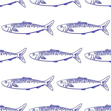 Seamless pattern with hand drawn sardine fish in blue. Ideal for seafood pa.. Stock Illustration