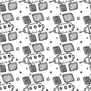 Seamless pattern hand drawn satellite. Doodle black sketch. Sign symbol. Deco Stock Illustration