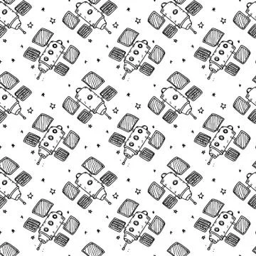 Seamless pattern hand drawn satellite. Doodle black sketch. Sign symbol. Deco Stock Illustration