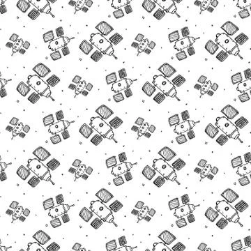 Seamless pattern hand drawn satellite. Doodle black sketch. Sign symbol. Deco Stock Illustration