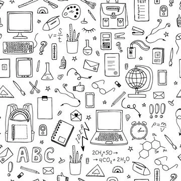 Seamless pattern with hand drawn school items with lettering Back to School. Illustrazione stock