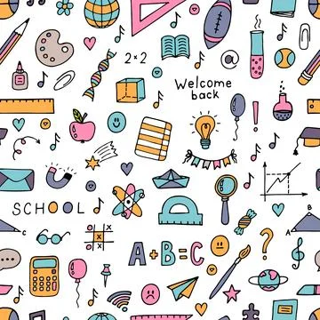 Seamless pattern with hand drawn school design elements. Back to school bac.. Stock Illustration