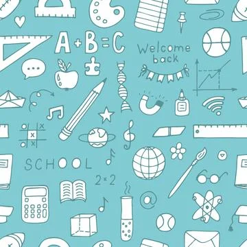 Seamless pattern with hand drawn school elements. Back to school. Welcome bac イラスト素材