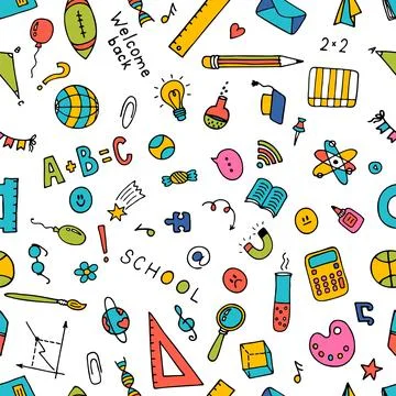 Seamless pattern with hand drawn school elements. Back to school background.. イラスト素材