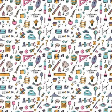 Seamless pattern with hand drawn school doodle elements. Back to school bac.. 스톡 일러스트