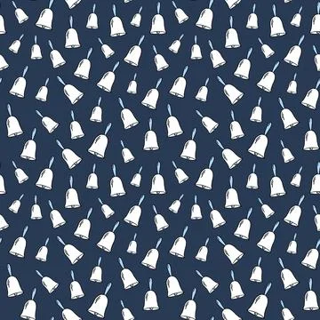 Seamless pattern of hand-drawn school bells on a dark blue background. Concep Stock Illustration