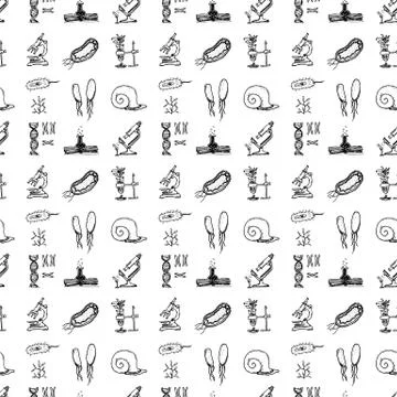 Seamless pattern hand drawn science beautiful vintage lab. Doodle black sketc Stock Illustration