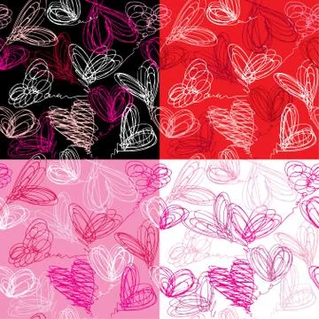 Seamless pattern with hand drawn scribble hearts on red background. valentine Stock Illustration