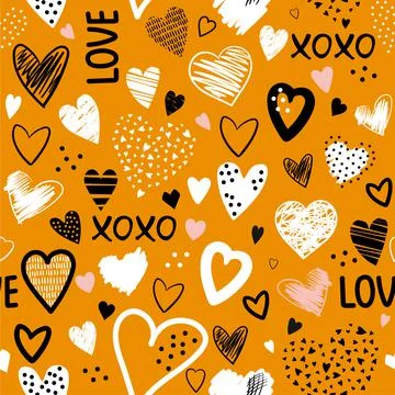 Seamless pattern with hand drawn scribble hearts and text - love, xoxo. Creat Stock Illustration