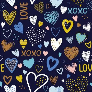Seamless pattern with hand drawn scribble hearts and text - love, xoxo. Creat Stock Illustration