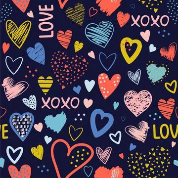 Seamless pattern with hand drawn scribble hearts and text - love, xoxo. Creat Stock Illustration