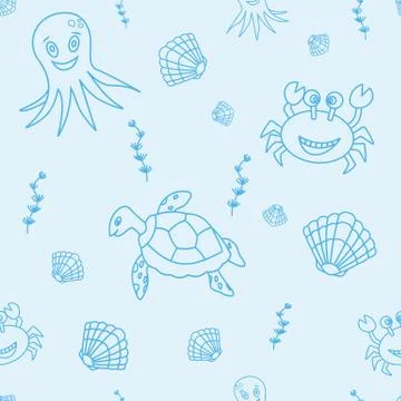 Seamless pattern with hand drawn sea life Stock Illustration