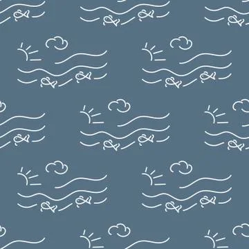 Seamless pattern, hand-drawn sea waves, fish, sun, clouds. Background for fab イラスト素材