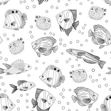 Seamless Pattern with hand drawn Sea Fishes. Cartoon Ocean Life Background. Sea Stock Illustration