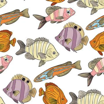 Seamless Pattern with hand drawn Sea Fishes. Cartoon Ocean Life Background. Sea Stock Illustration